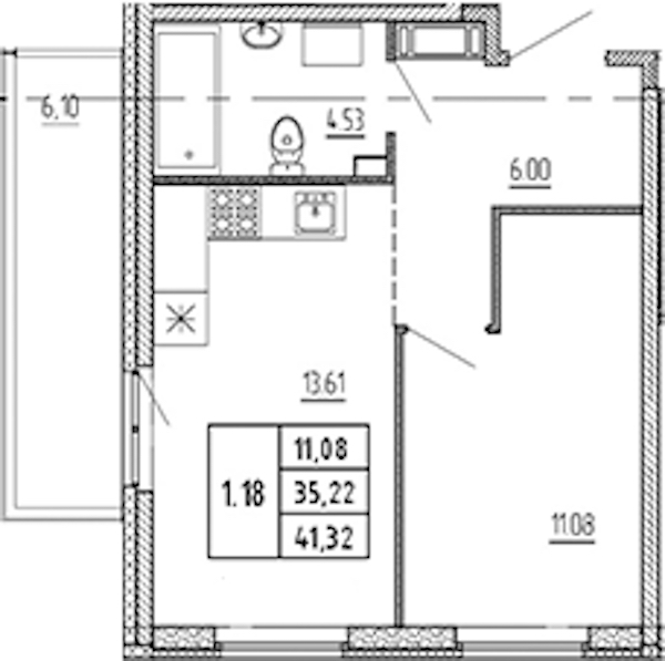 1-комнатная квартира 35.22 м², 22/22 эт., ЖК «Новые горизонты 2»